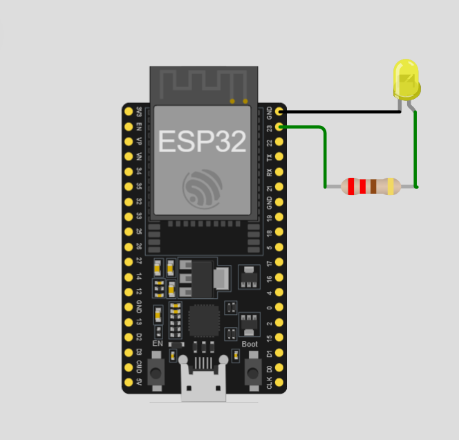 Sơ đồ ESP32 DevKit: chân GPIO23 nối qua điện trở 220 Ω tới chân dài của LED, chân ngắn của LED nối về GND.