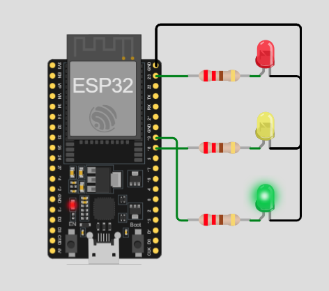 Sơ đồ ESP32 DevKit: GPIO23 qua điện trở 220 Ω tới LED đỏ, GPIO18 tới LED vàng, GPIO19 tới LED lục, cả ba chân ngắn về chung GND.